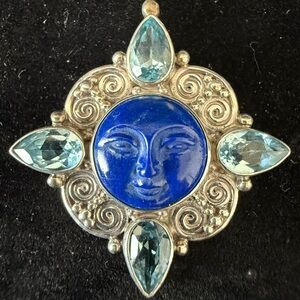 Sajen Carved Lapis Lazuli Goddess Face Pendant with Blue Topaz Gems 925 silver